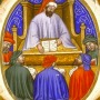 Image from an illuminated manuscript of Boethius teaching two students.