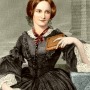 Color image of English novelist Charlotte Brontë with book in hand.