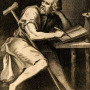 Engraving of a bearded man seated with a crutch and writing at a desk