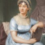 Color drawing of Jane Austen sitting in a chair wearing a blue dress