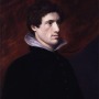 Painting of Charles Lamb wearing a black suit against a red backdrop.