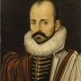 Oil painting portrair Michel de Montaigne in red robes and white collar 