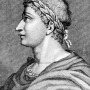 Black and white engraving of Roman poet Ovid in profile.