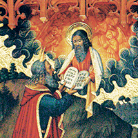 Illustration of God giving Moses the Ten Commandments