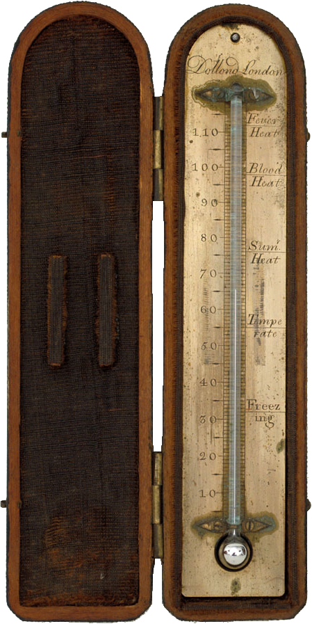 An eighteenth-century mercury thermometer in a case.