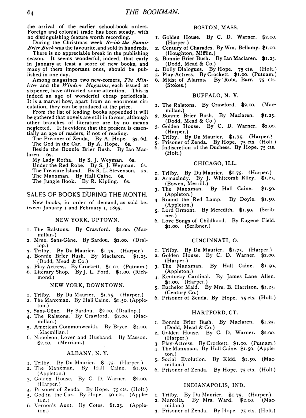 Page 64 of the first issue of the Bookman, showing the best-seller lists.