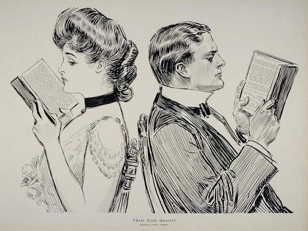 A black and white drawing of a man and a woman facing opposite directions, each reading a book. It is entitled Their First Quarrel.