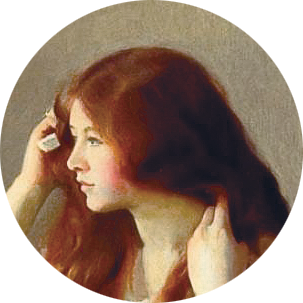 A painting of a woman brushing her long red hair.