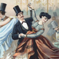 A painting of a couple in Edwardian clothes dancing