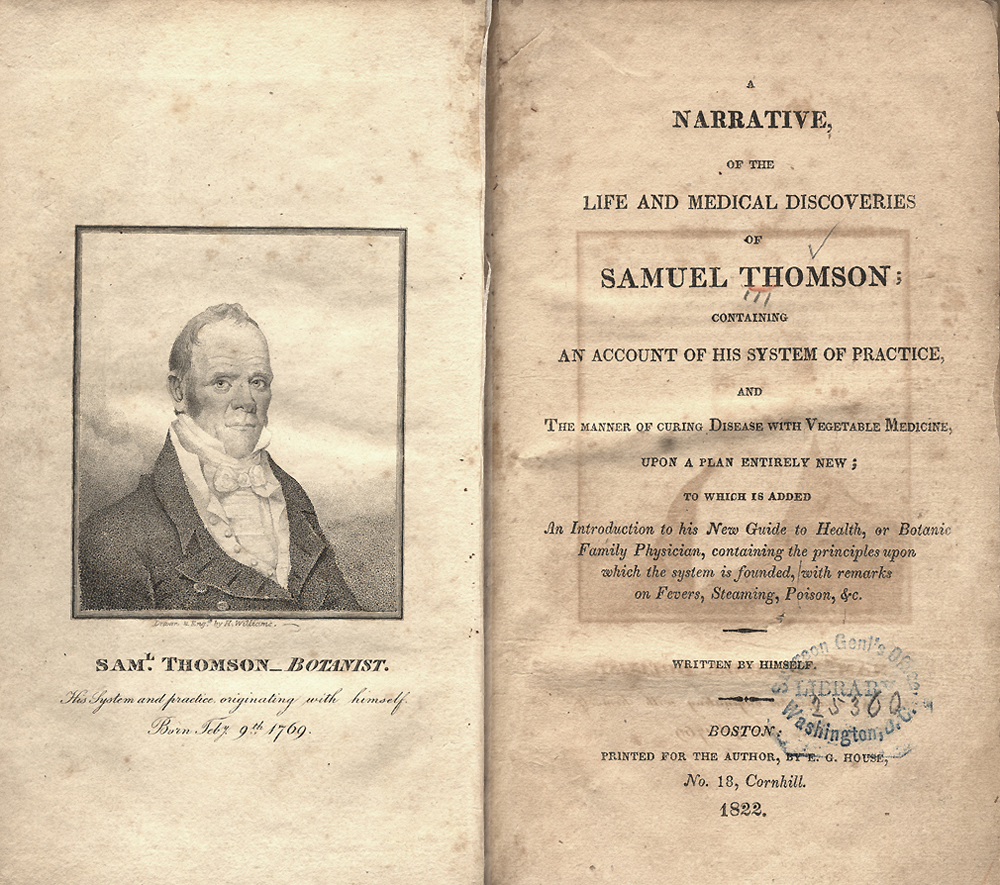 Author illustration and title page from Samuel Thomson’s New Guide to Health, c. 1822.