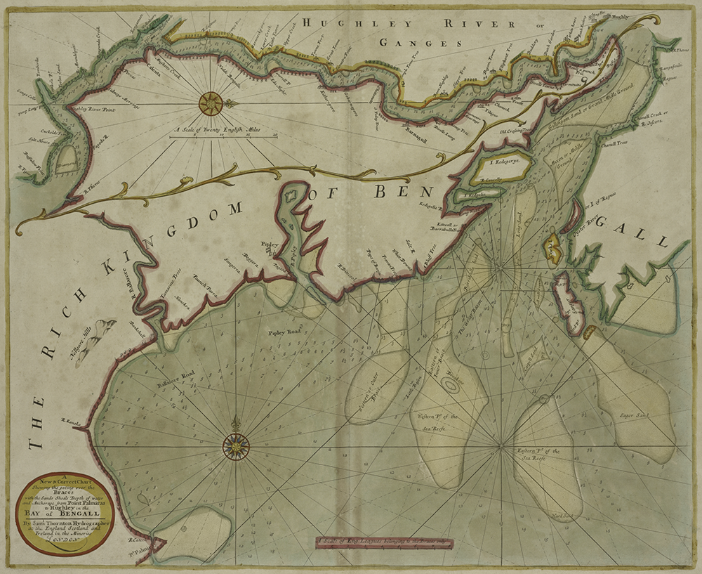 “A New and Correct Chart Shewing the Goeing Over the Braces with the Sands Shoals Depth of Water and Anchorage from Point Palmiras to Hughley in the Bay of Bengall,” by Samuel Thornton, c. 1702–7. The New York Public Library, Lionel Pincus and Princess Fi