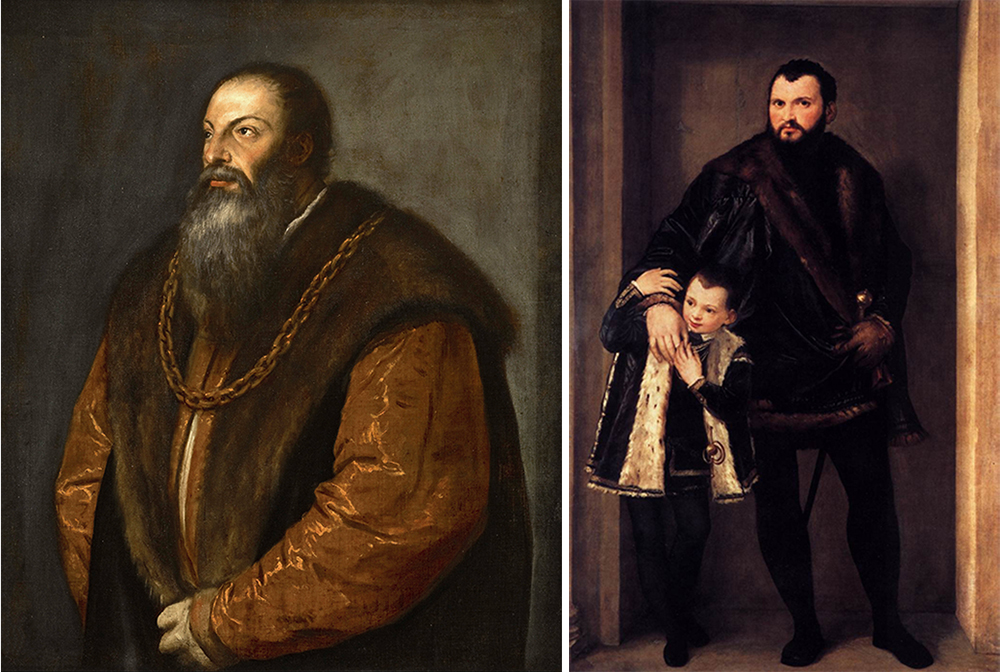 Left: Portrait of Pietro Aretino, by Titian, c. 1537. Right: Portrait of Iseppo da Porto and his son Adriano, by Paolo Veronese, c. 1555.