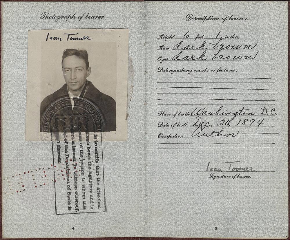 Jean Toomer’s passport, 1926. Jean Toomer Papers, James Weldon Johnson Memorial Collection in the Yale Collection of American Literature, Beinecke Rare Book and Manuscript Library, Yale University.