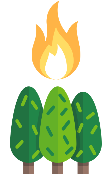 A yellow and orange flame above three green trees