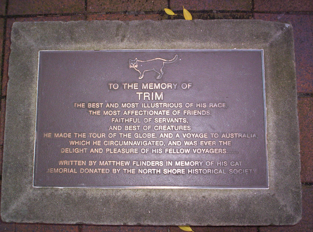 Plaque outside the State Library of New South Wales, dedicated to Matthew Flinders’ cat Trim, 2005. Photograph by Lincoln Cooper.