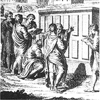 Black-and-white drawing of a group of men examining the Twelve Tables