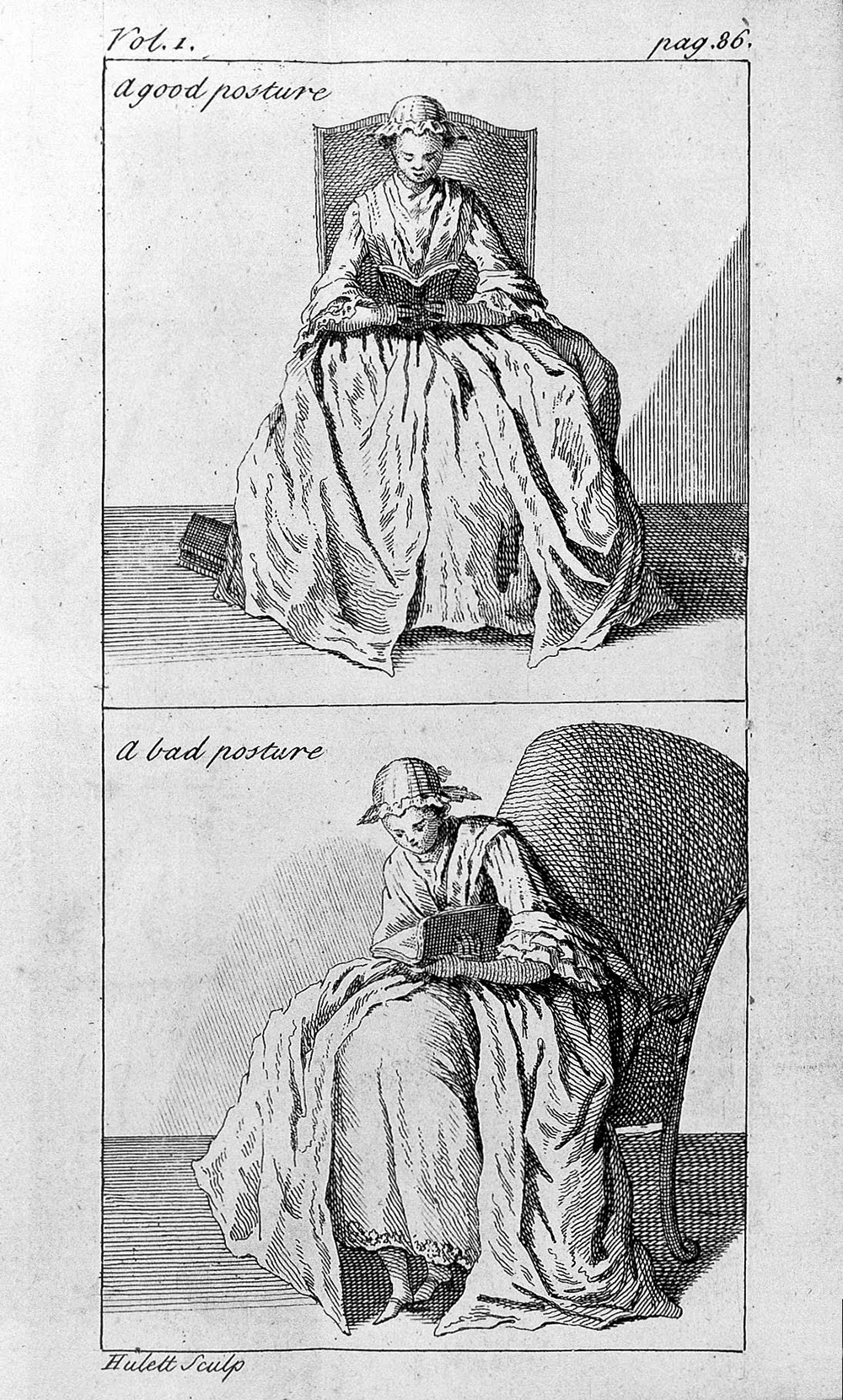 “The Correct Posture to Read,” by James Hulett, 1743. From Nicolas Andry de Bois-Regard, “Orthopedia or the Art of Correcting and Preventing Deformities in Children.” Wellcome Library, London.