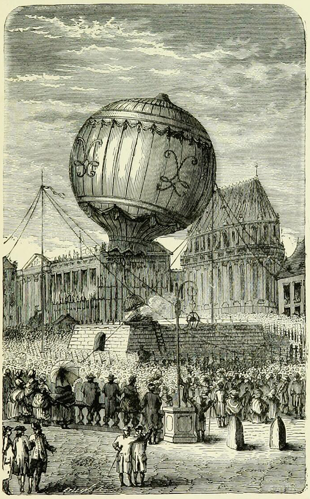 Balloon ascent at Versailles, illustration from Wonderful Balloon Ascents: or, the Conquest of the Skies; a History of Balloons and Balloon Voyages, 1888. Wellcome Collection.