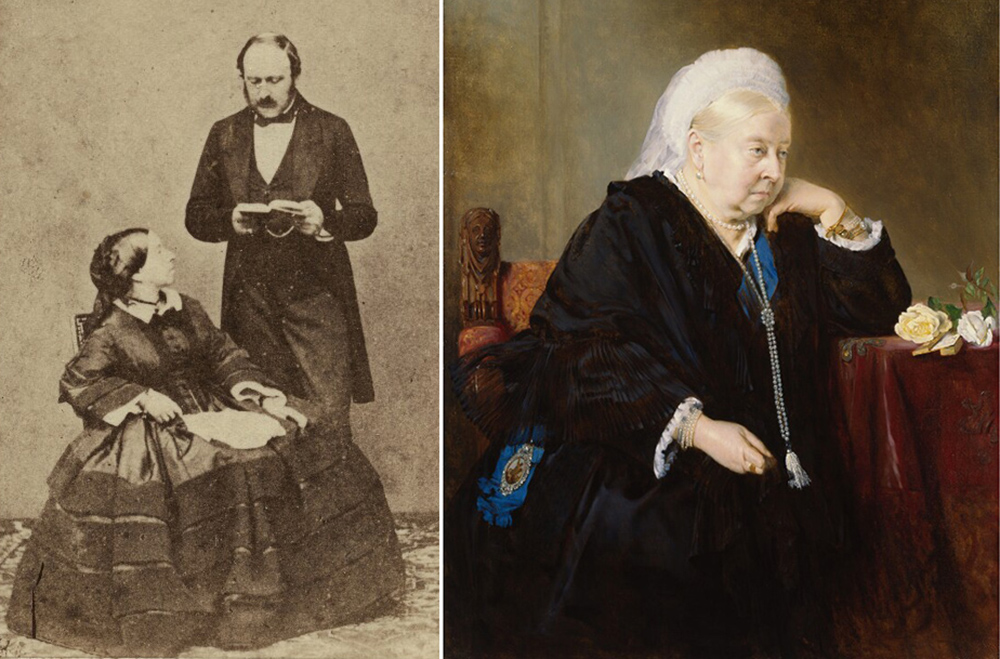 Left: Queen Victoria and Prince Albert, by by John Jabez Edwin Mayall, 1860. Right: Queen Victoria, by Bertha Müller, after Heinrich von Angeli, 1900.