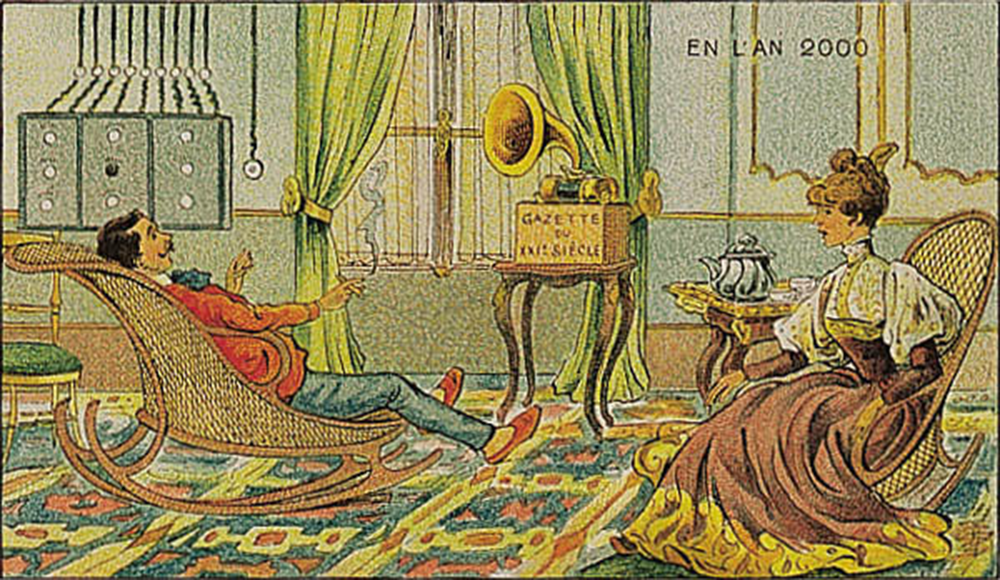 “Hearing the Newspaper,” by Villemard, from the postcard series En L’An 2000 (In the Year 2000), 1910.