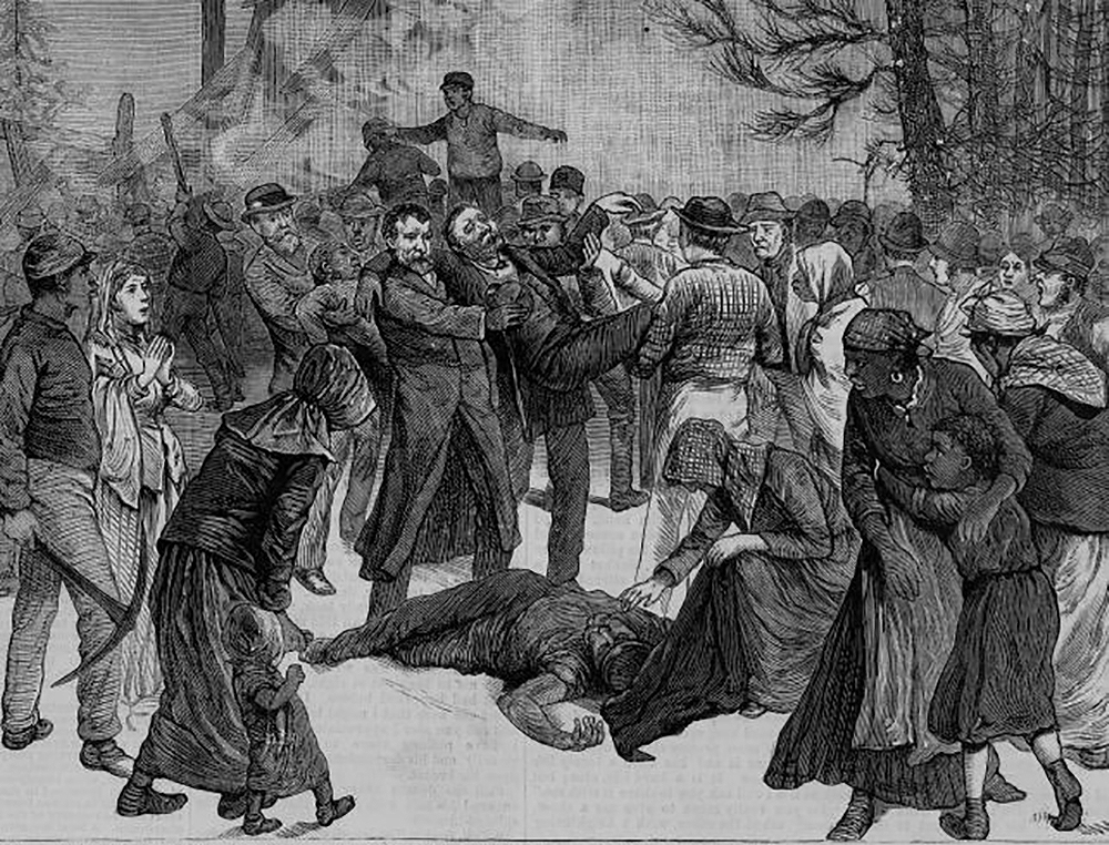Illustration of a rescue party overcome by gas after a mine explosion in Midlothian, Virginia, by F.C. Burroughs, 1882.