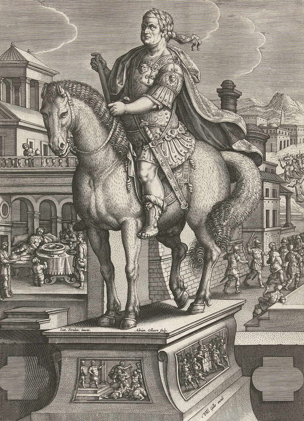 Equestrian statue of Vitellius, with his death scene in the background at right, his body being thrown into the Tiber at upper right, from “Roman Emperors on Horseback,” by Adriaen Collaert, c. 1587. Rijksmuseum. 