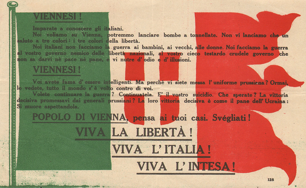 Propaganda leaflet that D’Annunzio threw from his airplane during his flight above Vienna, 1918. Private archive of Burzagli family, CC BY-SA 3.0.