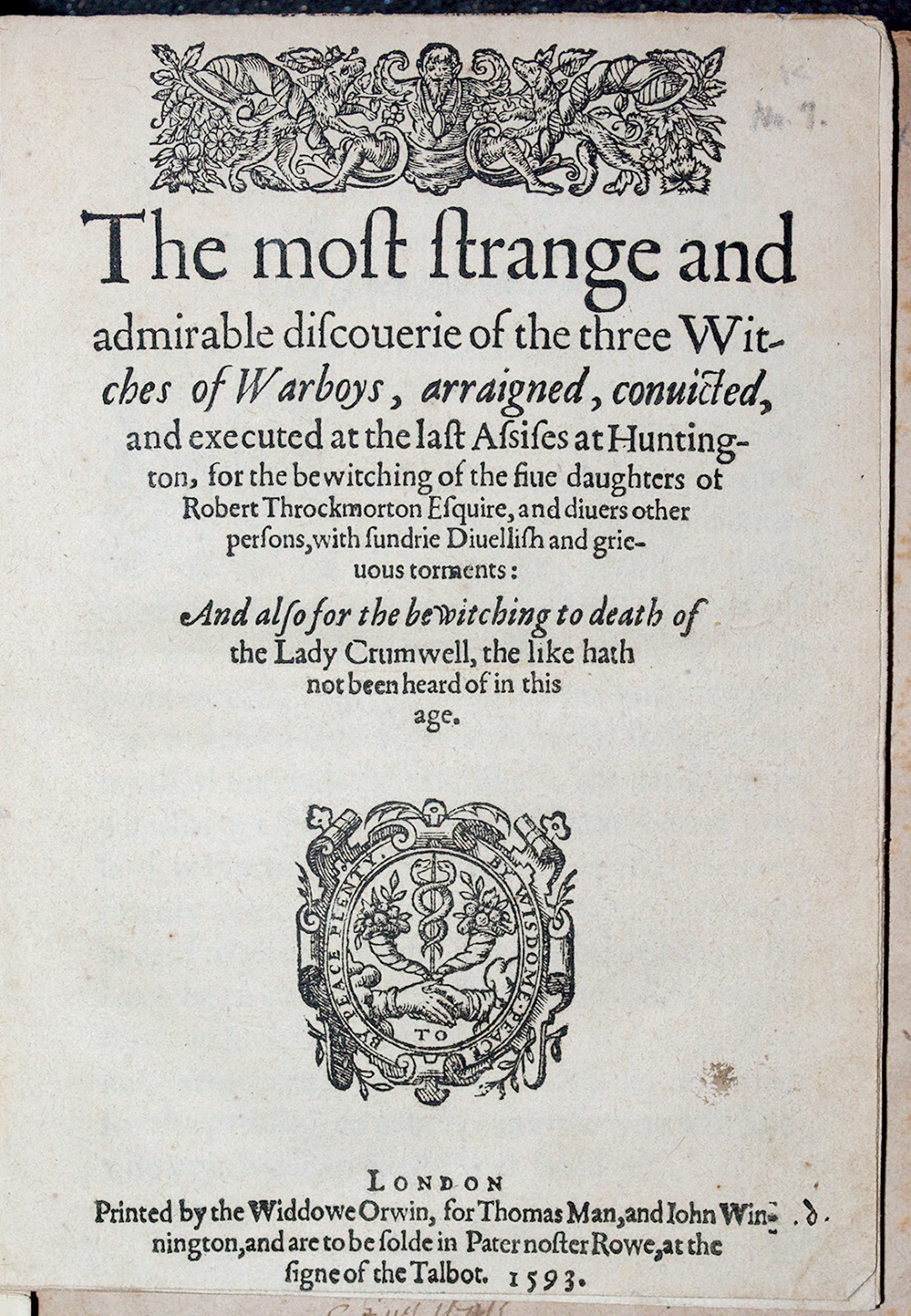 Pamphlet on the subject of the Throckmorton witch incidents, 1593.