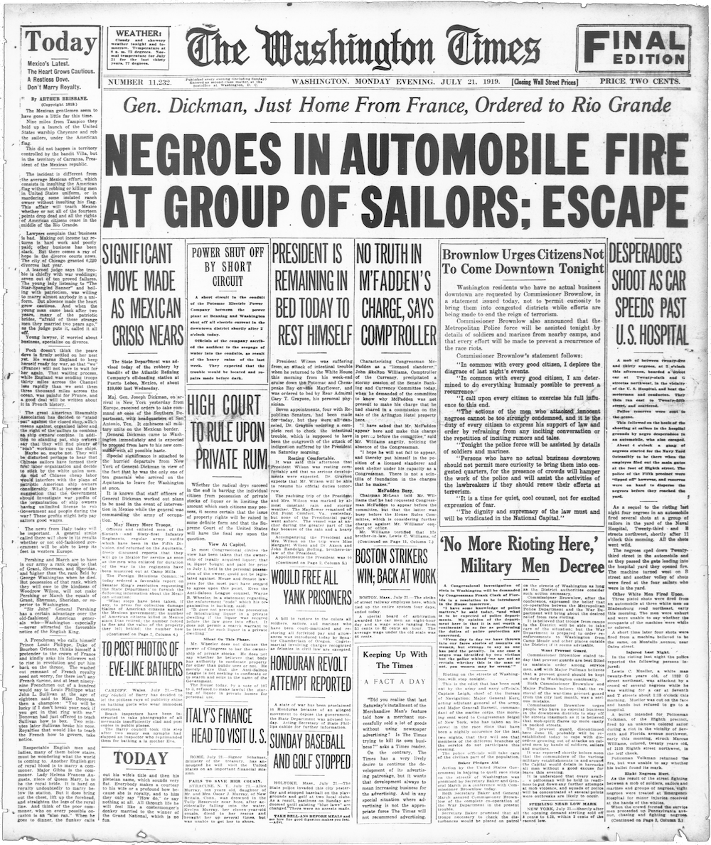 The front page of the Washington Times for July 21, 1919, showing their coverage of the riots.