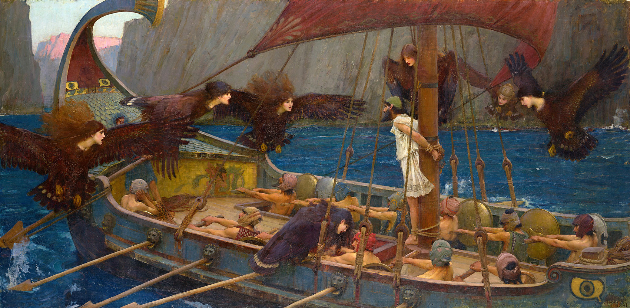 A painting depicting Odysseus tied to the mast of his ship while he listens to the song of the sirens. His crew rows the ship.