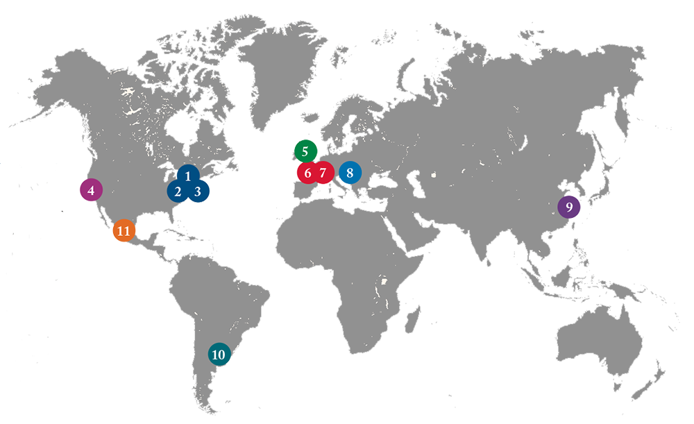 World map with numbers indicating the locations of the events described below