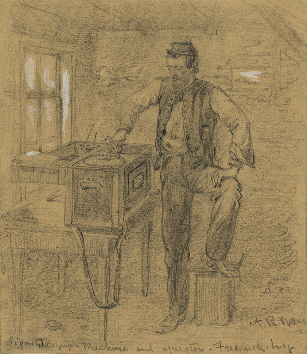 Signal telegraph machine and operator, Fredericksburg, Virginia, by Alfred R. Waud, 1862. Library of Congress, Prints and Photographs Division.