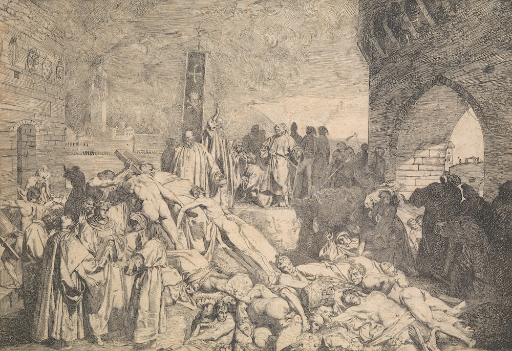An etching depicting the plague in Florence in 1348. Several dead and dying people lay in the street while priests pray over them.