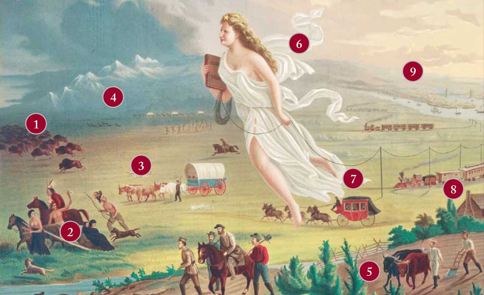 American Progress by John Gast Painting of a woman in white floating above land in the American West with numbers indicating the features described below