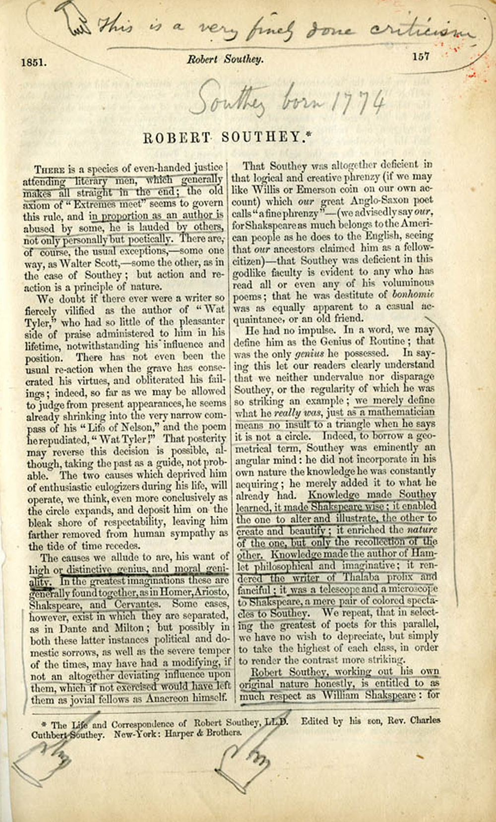 Walt Whitman marginalia in the February 1851 issue of the American Whig Review. The Walt Whitman Archive, Middlebury College Library, Special Collections.