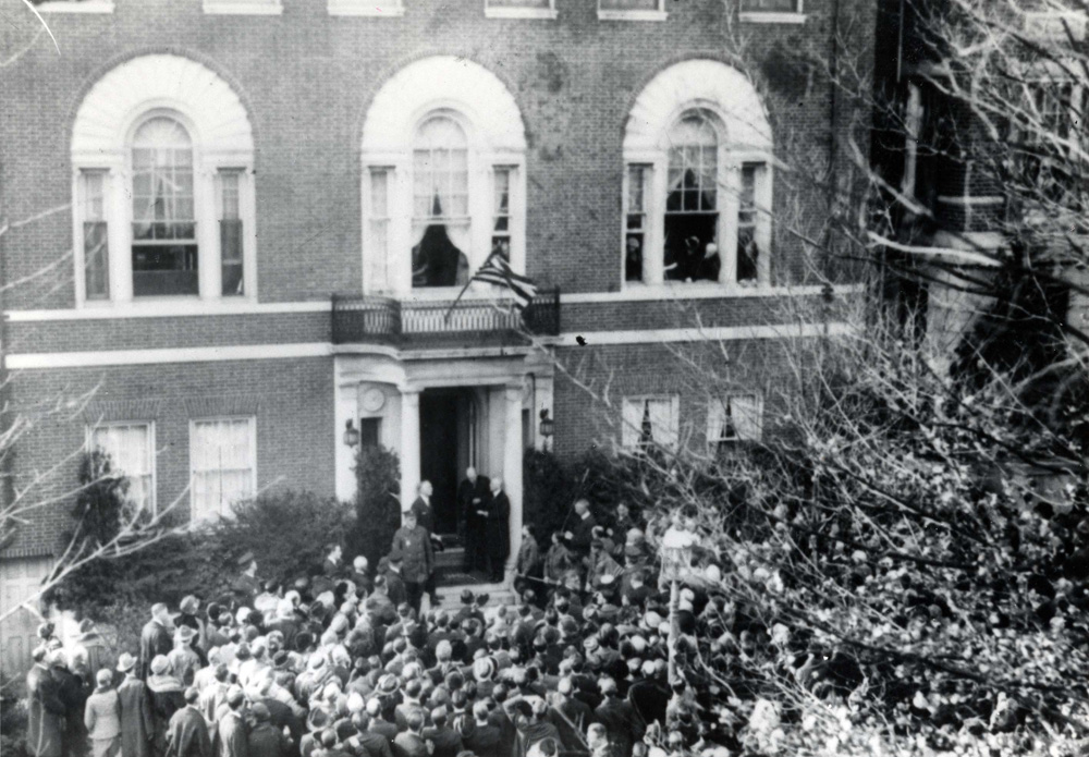 Woodrow Wilson greets veterans outside his home on Armistice Day, 1921.