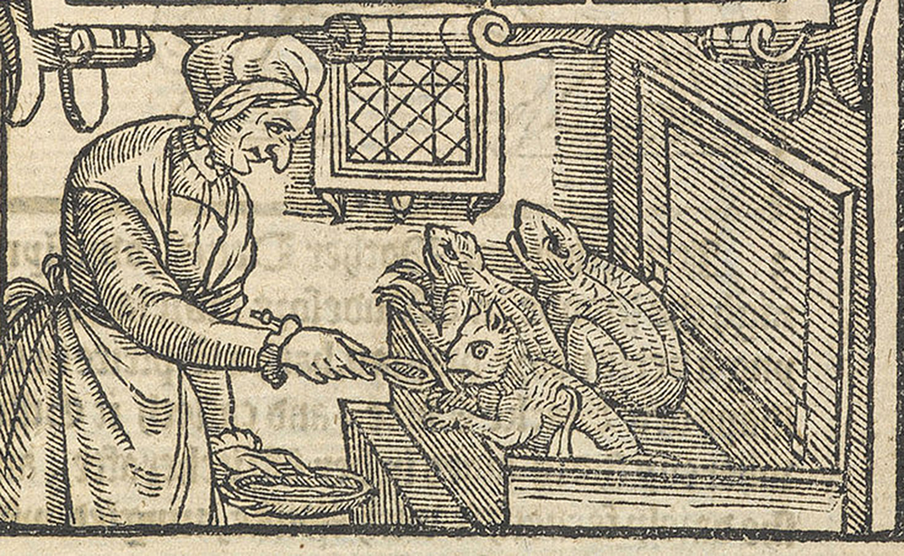 Witch pictured feeding her familiars with blood, in “A Rehearsall both Straung and True, of Hainous and Horrible Actes Committed by Elizabeth Stile,” 1579. British Library. 