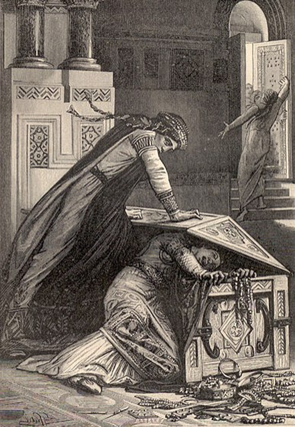 Fredegund tries to kill her daughter Rigunth, 1887. From “Vieilles Histoires de La Patrie.”