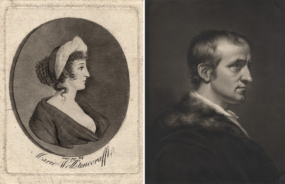 Left: Mary Wollstonecraft, by Roy, after unknown artist, nineteenth century. Right: William Godwin, by George Dawe, after James Northcote, 1802.