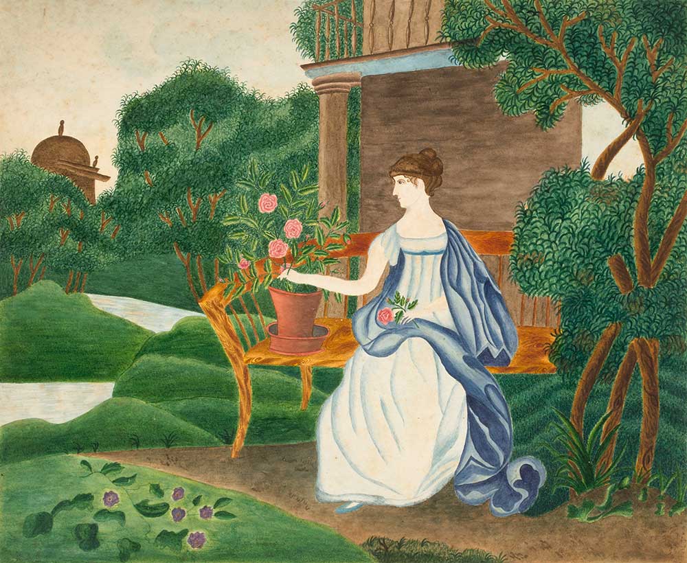 Painting of a woman arranging flowers in a pot on a bench in the middle of a garden.