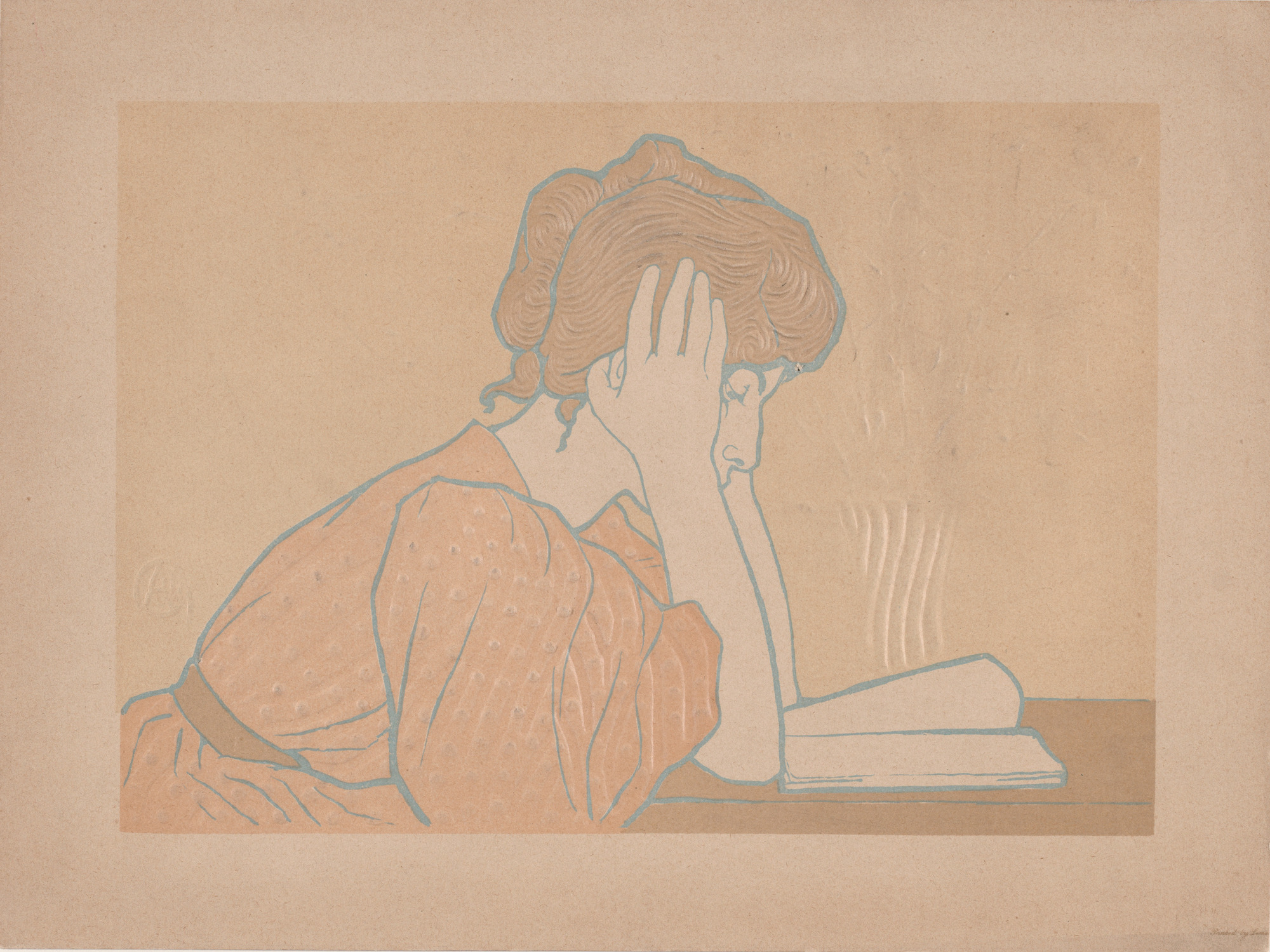 <em>Young Woman Reading</em>, by Alexandre-Louis-Marie Charpentier, 1896. Metropolitan Museum of Art, Purchase, Clifford A. Furst Bequest, by exchange, 1992. a print of a woman reading. She is seated a table, leaning over the book, holding her head in her hand.