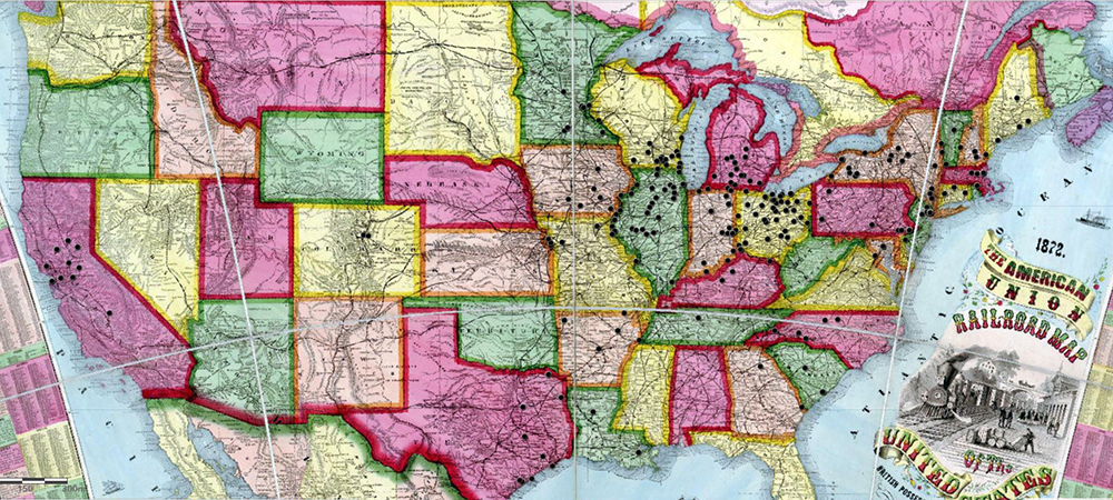 The American Union railroad map of the United States, by Haasis & Lubrecht, 1872. Library of Congress, Geography and Map Division; GIS support: Tim St. Onge; location data: Adrienne Lundgren, 2021.