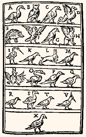 A woodcut of the alphabet with a drawing of an animal for each letter.