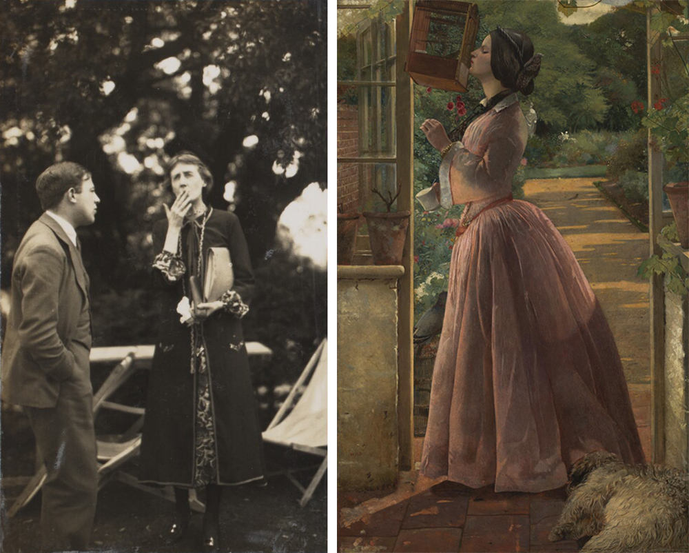 Left: Sir Maurice Bowra and Virginia Woolf, 1926. Photograph by Ottoline Morrell. Right: A Pet, by Walter Howell Deverell, 1853.