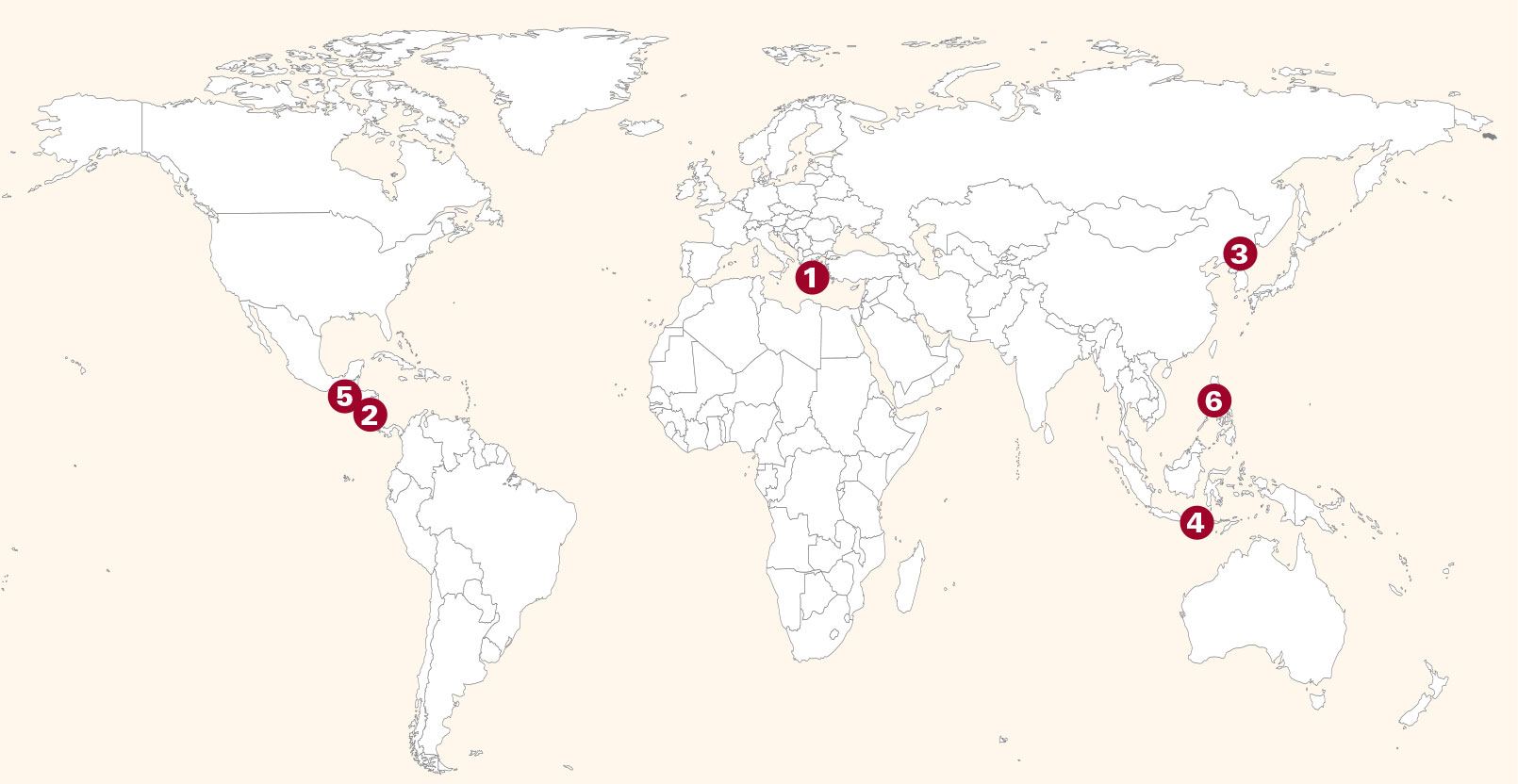 World map with numbers indicating the locations of volcanic eruptions