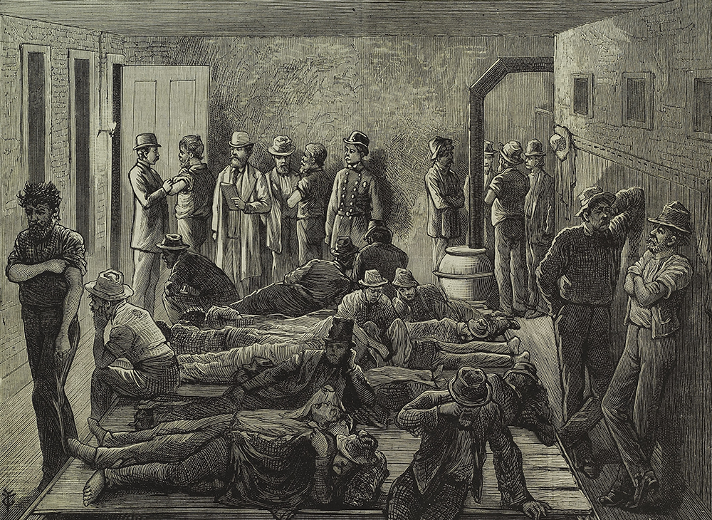 An Inspector of the Board of Health Vaccinating Tramps in a Station House During a Smallpox Epidemic, by Frank Leslie, 1879. The New York Public Library, General Research Division.