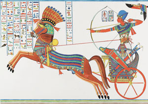 An Egyptian drawing of a man in a chariot shooting a bow and arrow.